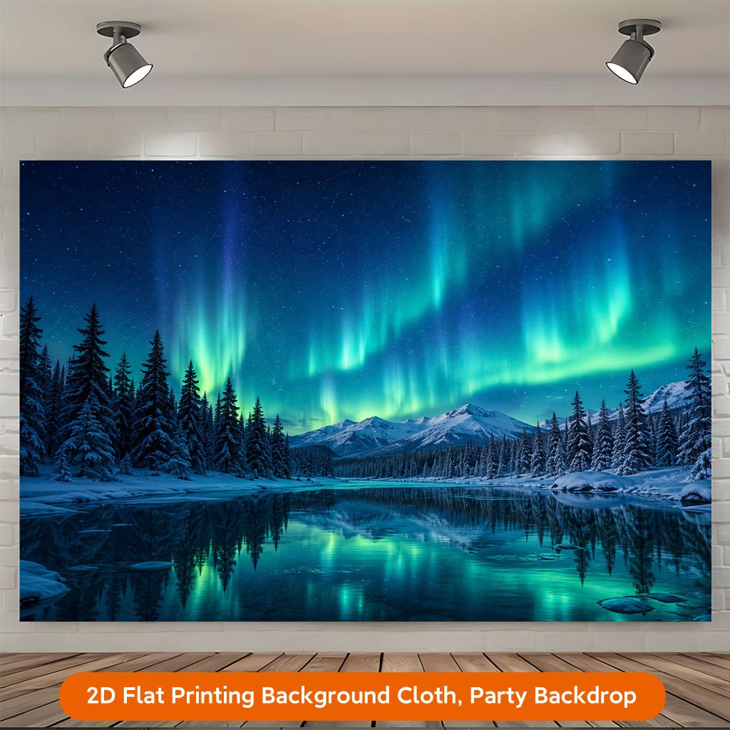 2D Flat Stunning Aurora Over Snowy Landscape Background Cloth Banner